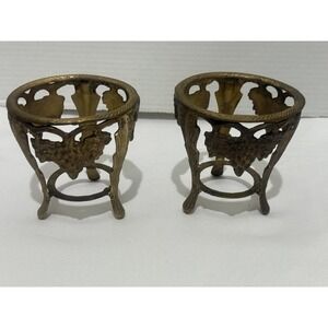 Vintage Ornate Brass Grapevine Bottle Glass Holders Tripod Stand Set of 2